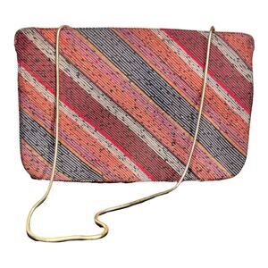VTG 70s 80s Clutch Bag Purse 10.5 x 7 Cocktail Stripe Blue Red Gold Chain Retro
